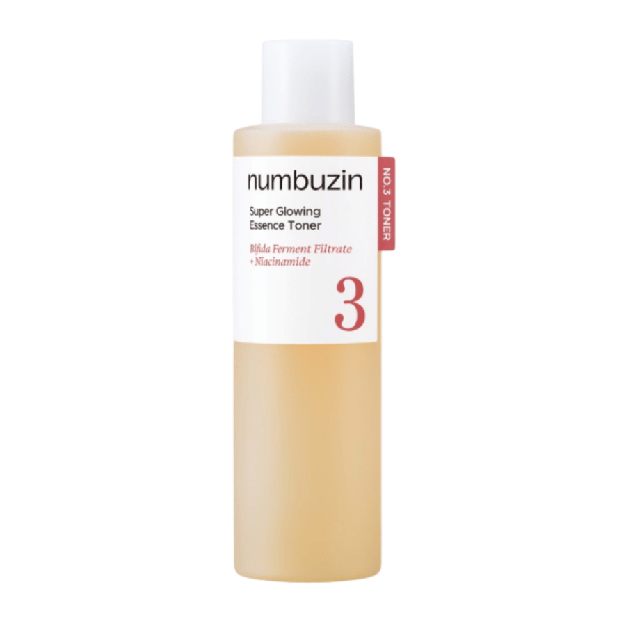 Numbuzin No.3 Super Glowing Essence Toner – tons iluminadores com filtrado de fermento de bifida e niacinamida.