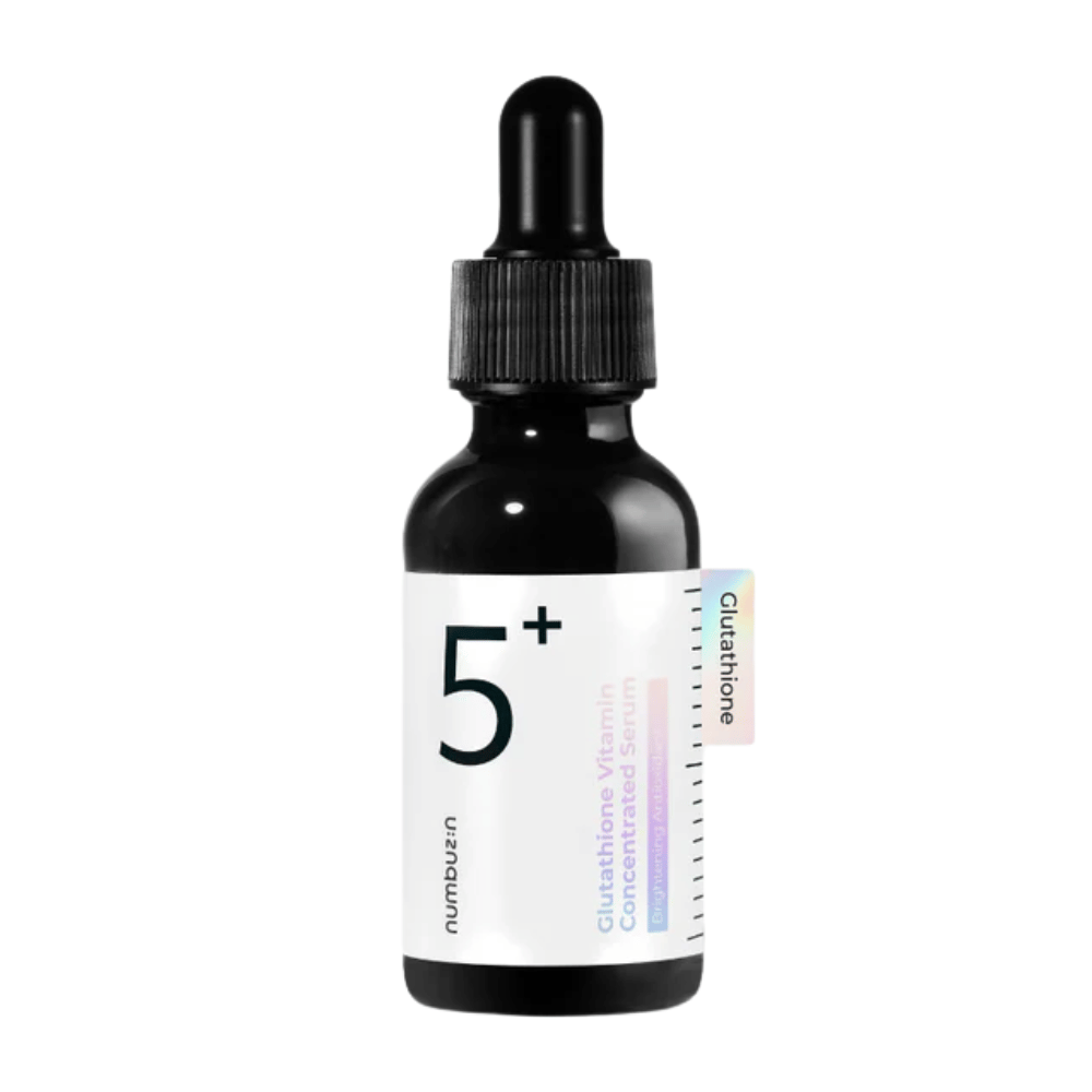 Imagem do produto de Numbuzin No.5+ Glutathione Vitamin Concentrated Serum em garrafa de vidro preta com conta-gotas. Para resultados de uniformização de pigmentos.