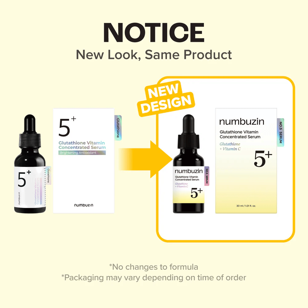 numbuzin No.5+ Glutathione Vitamin Concentrated Serum com novo design de embalagem – a mesma fórmula para luminosidade e tom de pele mais uniforme.