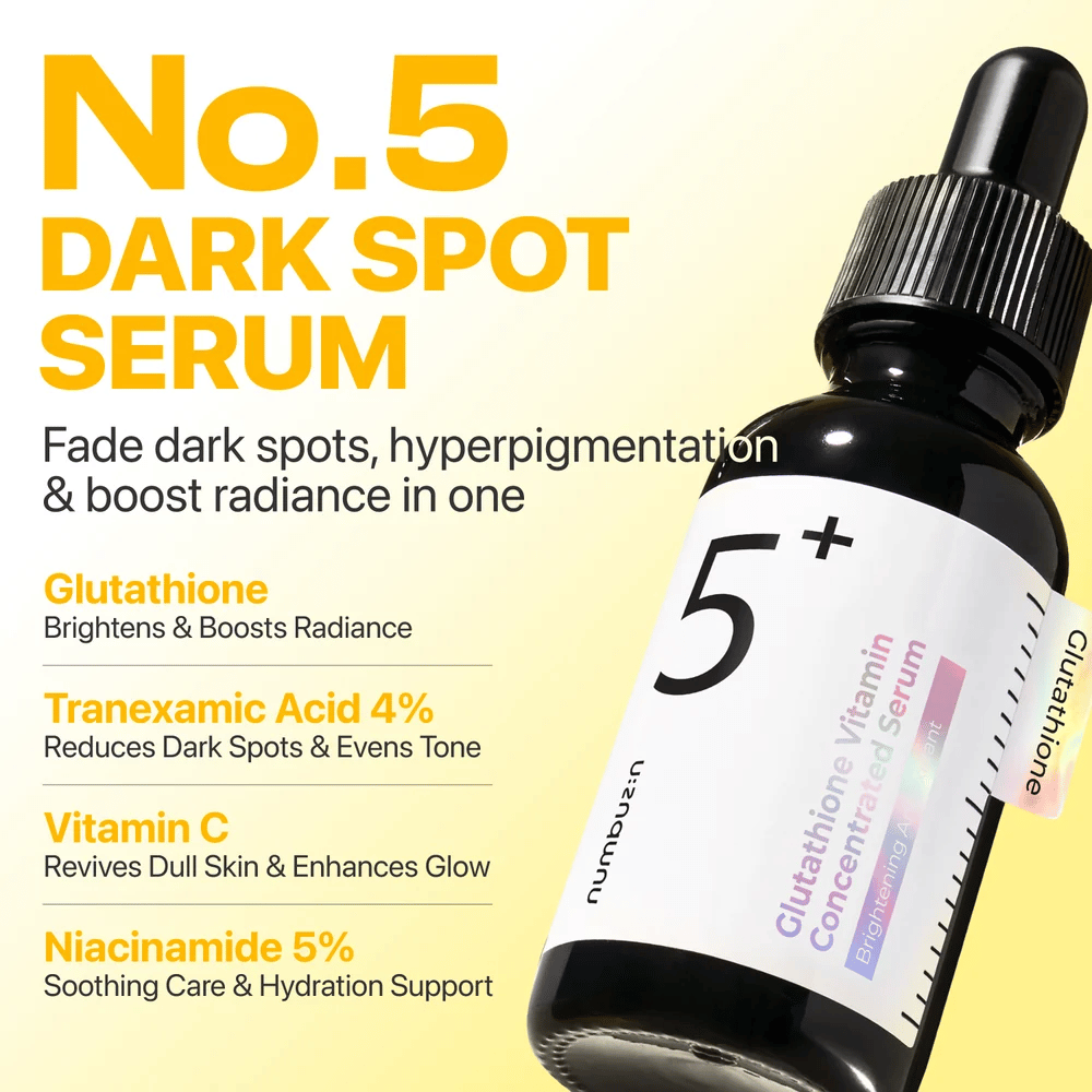 numbuzin No.5+ Glutathione Vitamin Concentrated Serum – sérum iluminador com glutationa, ácido tranexâmico, vitamina C e 5% de niacinamida.