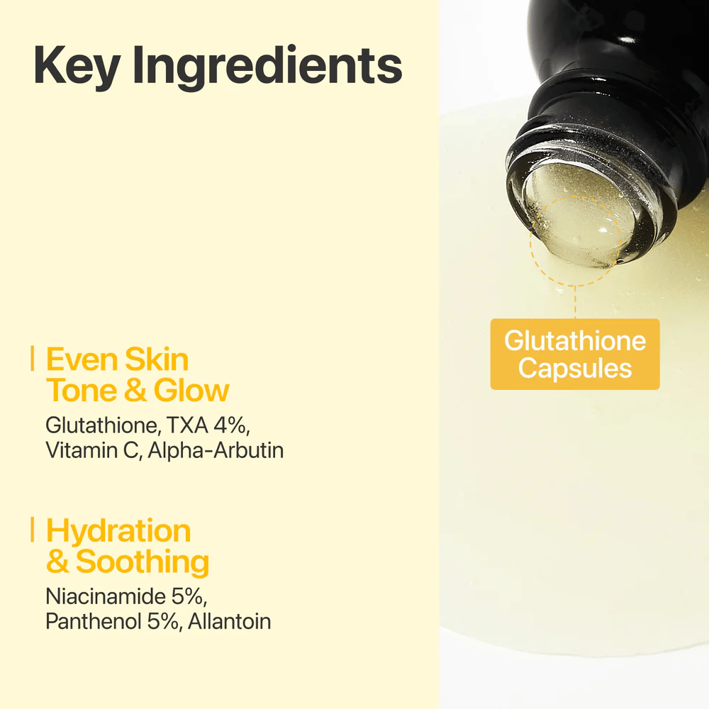 numbuzin No.5+ Glutathione Vitamin Concentrated Serum com glutationa, 4% de ácido tranexâmico, vitamina C, alfa-arbutina, niacinamida e pantenol.
