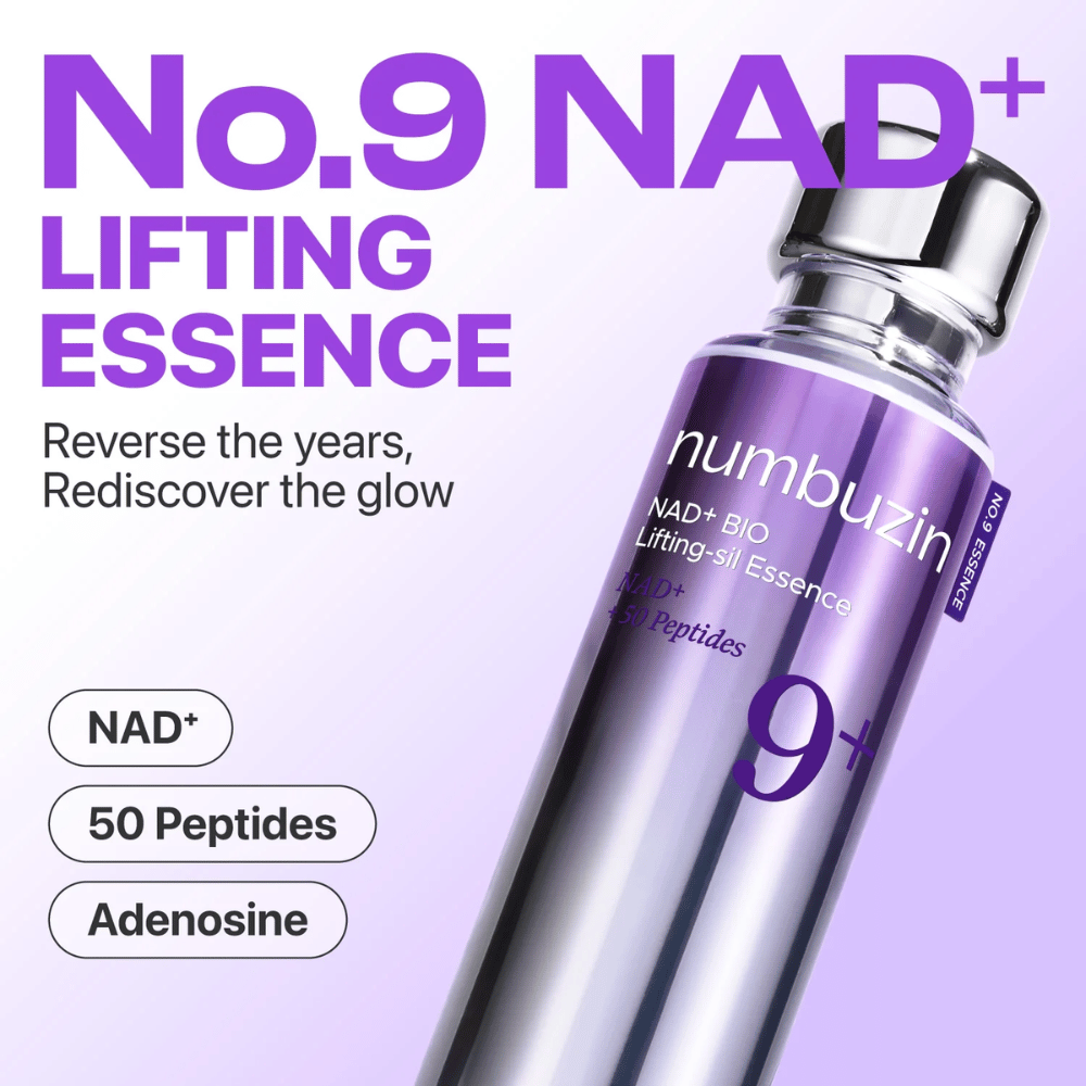 Numbuzin No.9 NAD+ Lifting Essence – essência poderosa com NAD+, peptídeos e adenosina que restaura o brilho e a firmeza da pele.