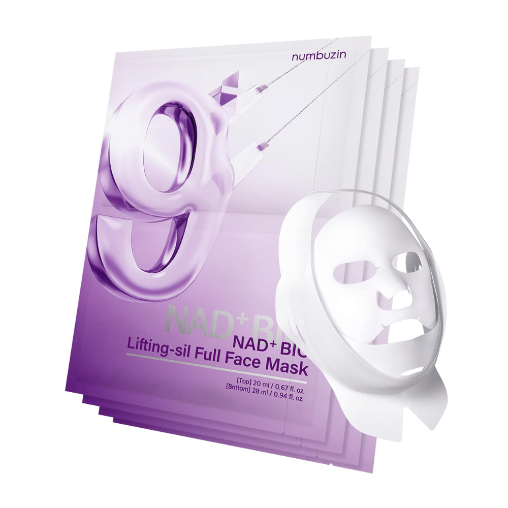 Embalagem com máscaras faciais da No.9 NAD Bio Lifting-sil, incluindo máscara facial completa em material transparente e a embalagem que mostra o uso do produto para lifting facial.