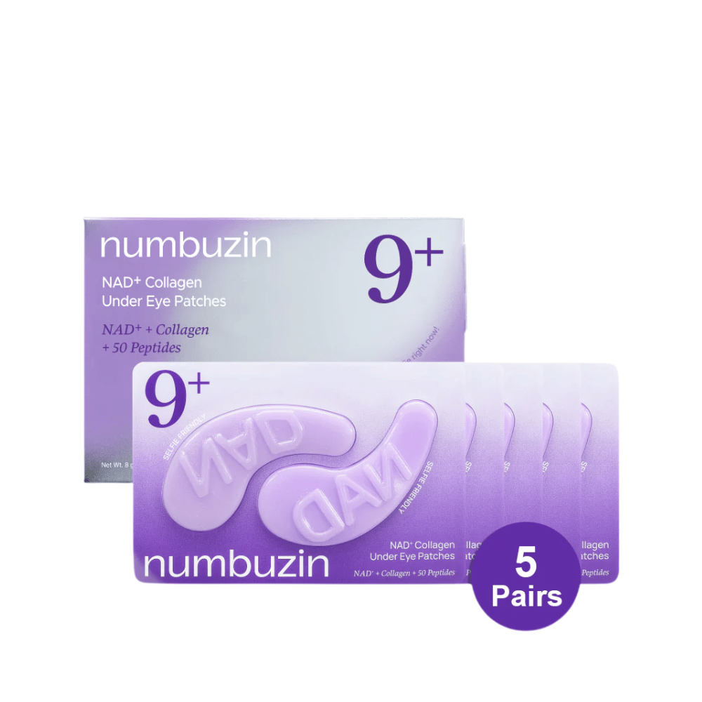 Embalagem de numbuzen No.9 NAD+ Collagen Under Eye Patches – 5 pares de almofadas ricas em colágeno com NAD+ e peptídeos.