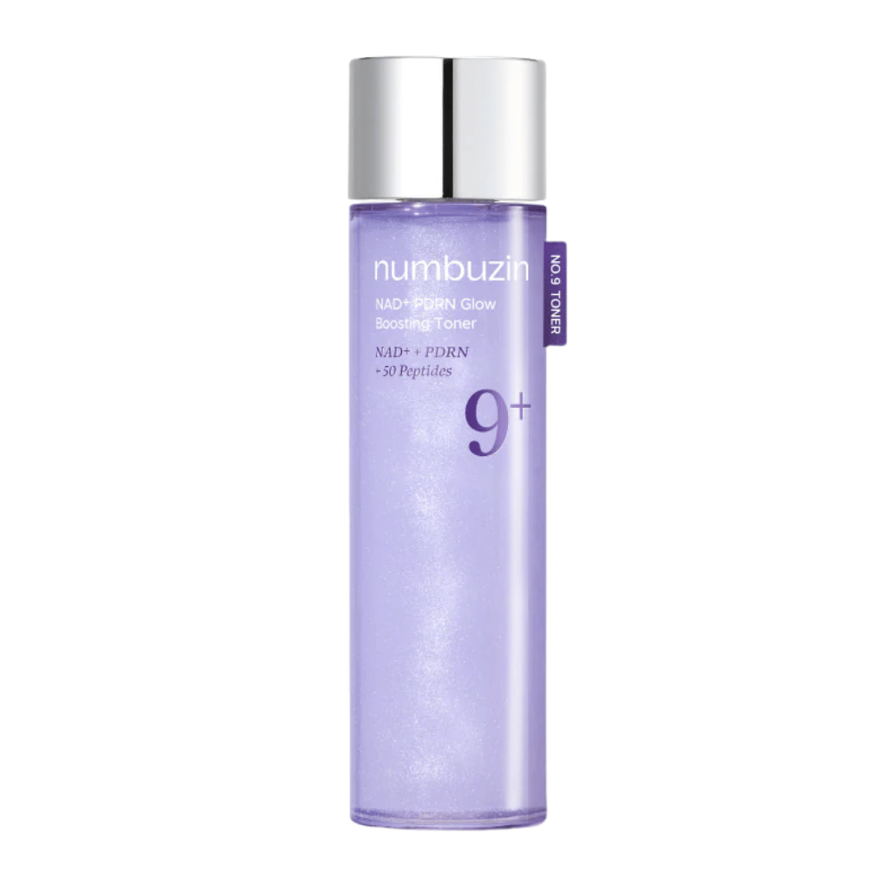 Imagem pura do produto Numbuzin No.9 NAD+ PDRN Glow Boosting Toner em frasco roxo com tampa prateada – para uma pele mais firme e radiante.