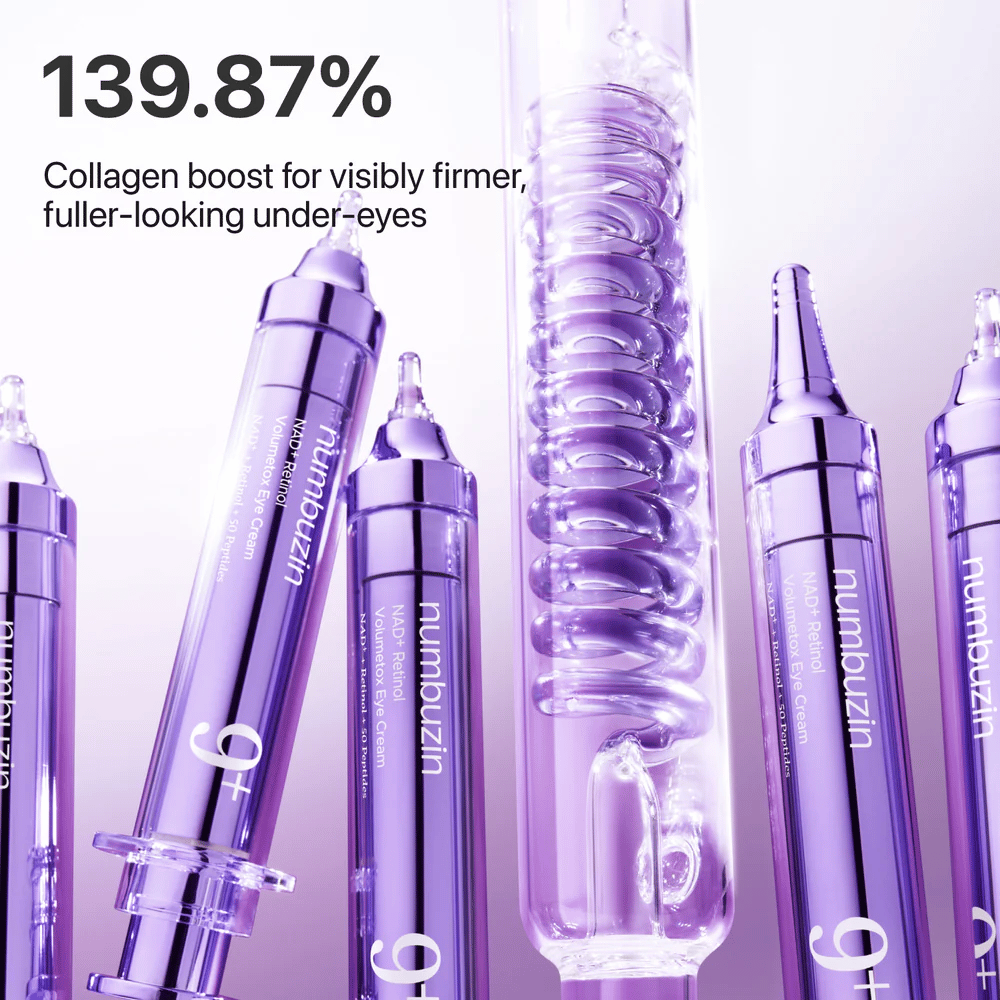 Ilustração mostrando o impulso de colágeno de No.9 NAD+ Retinol Volumetox Eye Cream, desenvolvido para uma pele mais firme e volumosa sob os olhos com resultados visíveis.