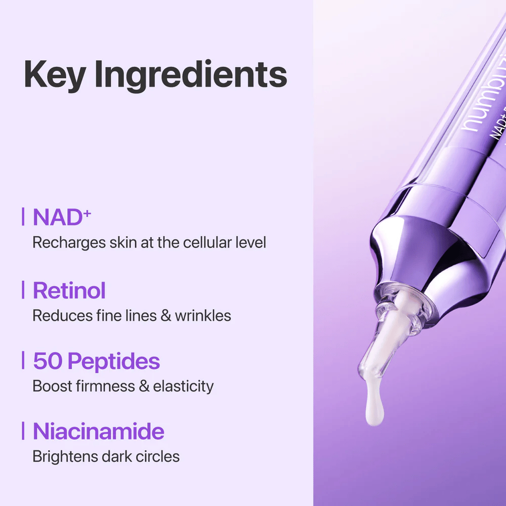 Ingredientes-chave em No.9 NAD+ Retinol Volumetox Eye Cream, com NAD+, retinol, 50 peptídeos e niacinamida que ajudam a fortalecer a pele e reduzir linhas finas.