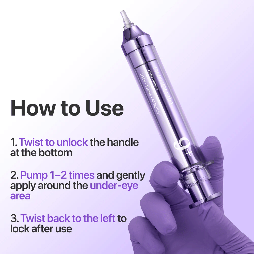 Imagem de instruções mostrando como No.9 NAD+ Retinol Volumetox Eye Cream é usado, com função de rotação, dosagem por bomba e aplicação ao redor da área dos olhos para uso seguro e preciso.