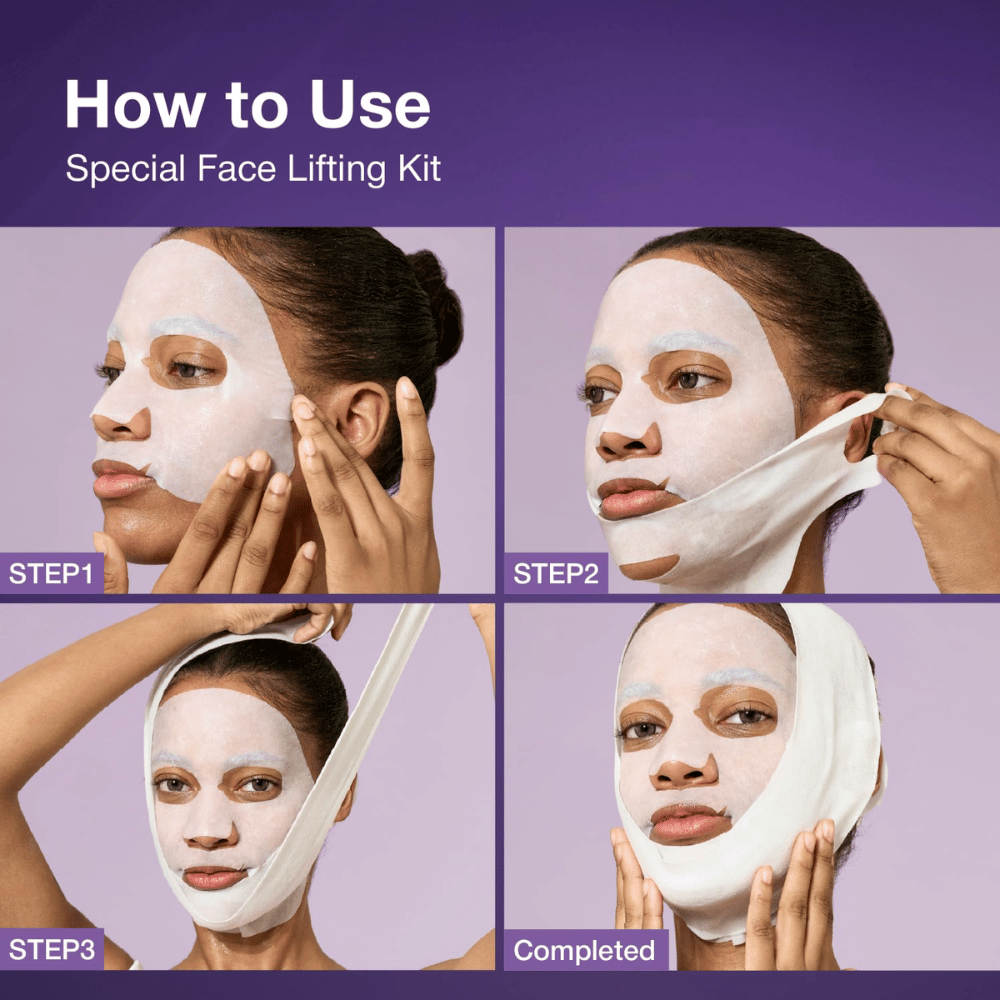 Instruções em imagens passo a passo para o uso de um kit de lifting facial, onde a modelo aplica a máscara facial e ajusta a faixa de levantamento para completar o tratamento.