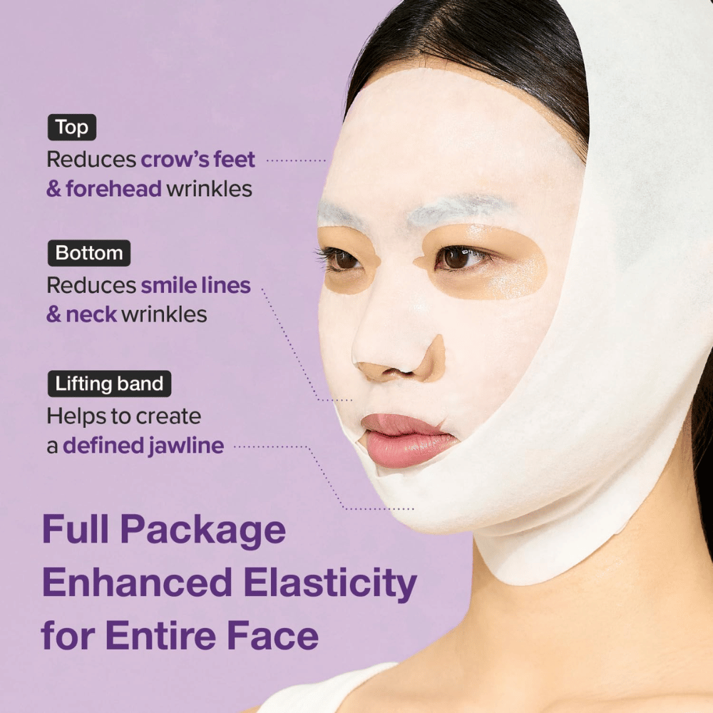 Modelo usando uma máscara facial com seções específicas que reduzem rugas nos olhos, testa, covinhas e pescoço, além de uma faixa de levantamento para definir a linha do maxilar. O texto descreve os benefícios do uso da máscara.
