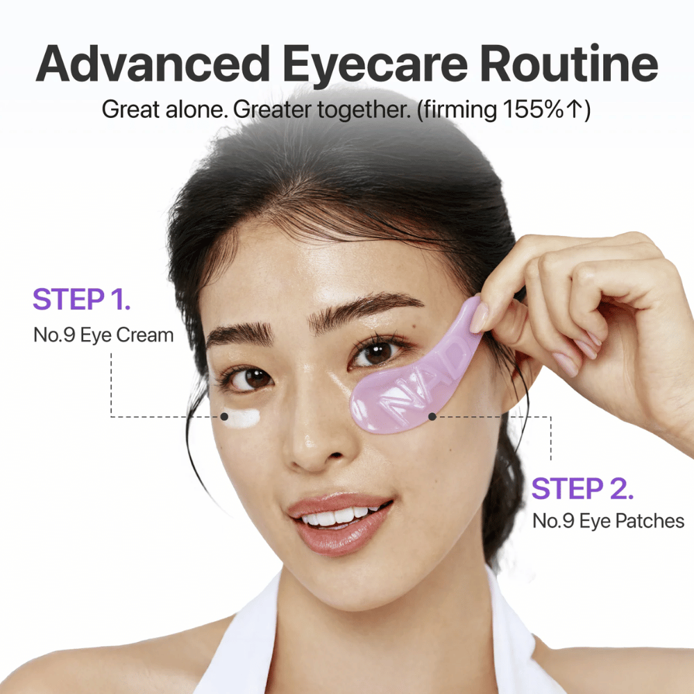 Aplicação de numbuzen No.9 NAD+ Collagen Eye Patch passo a passo na rotina de cuidados com os olhos para uma pele mais firme e revigorada.