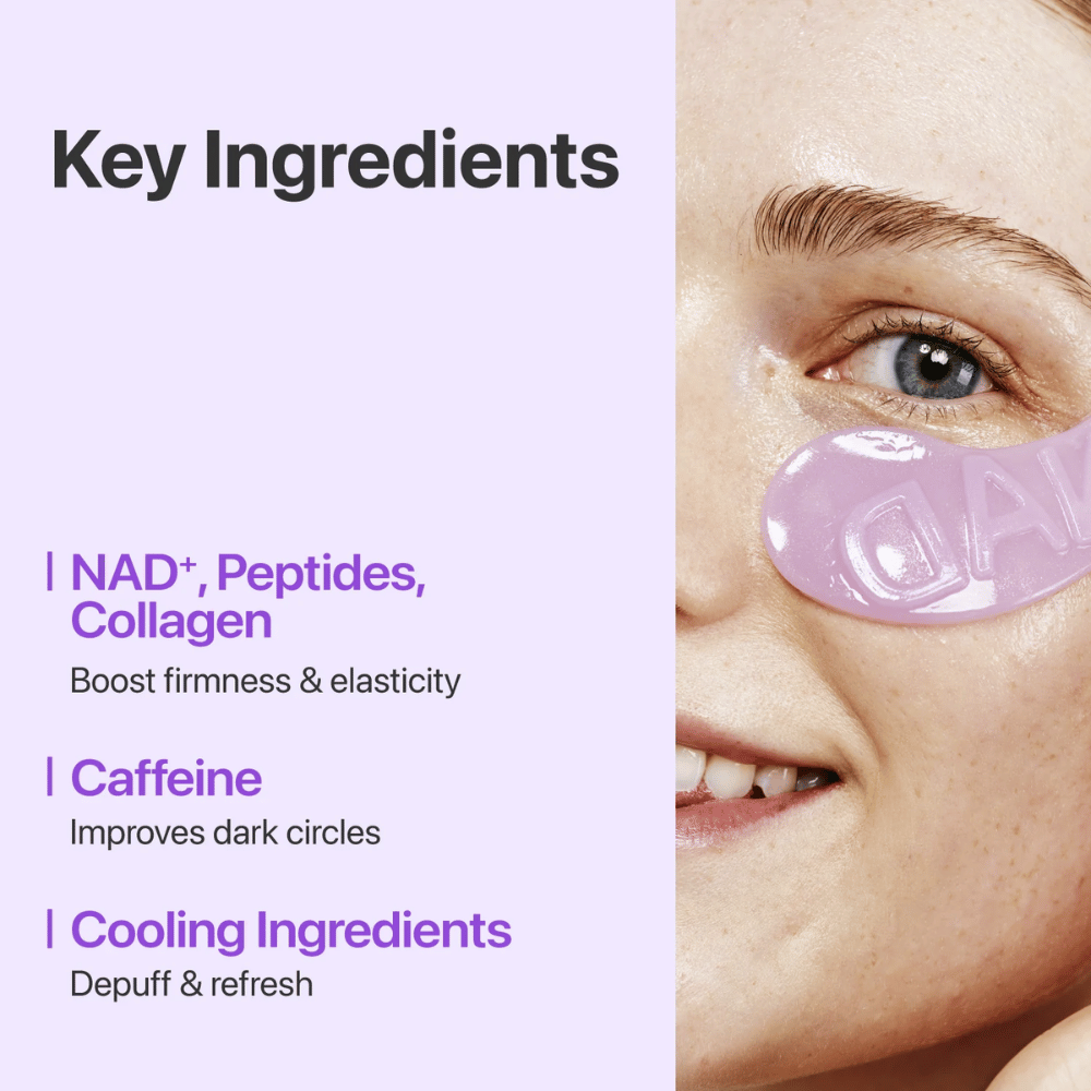 Close-up de numbuzen No.9 NAD+ Collagen Eye Patch – contém NAD+, colágeno e peptídeos que fortalecem e hidratam a pele sob os olhos.