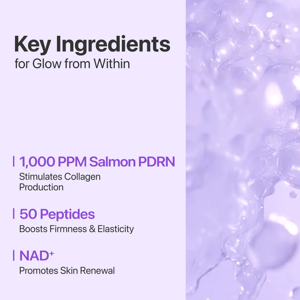 Texto e fundo mostram os ingredientes principais: 1000 ppm Salmão PDRN, 50 Peptídeos e NAD+ que fortalecem, hidratam e renovam a pele.