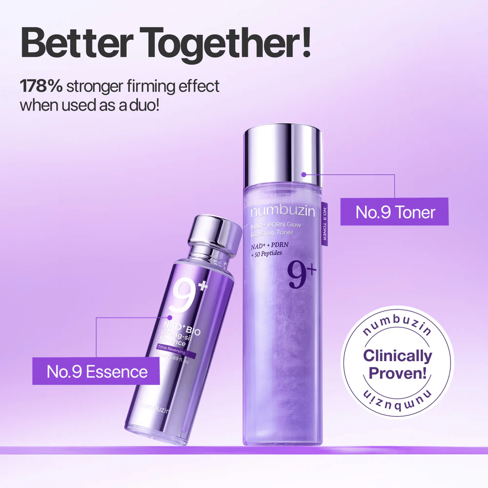 Numbuzin No.9 Toner e Essence mostrados juntos em tom roxo. Texto: “Melhor Juntos – 178% mais forte efeito de firmamento quando usados em conjunto.”