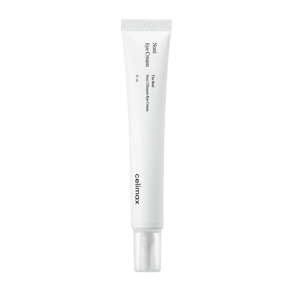 Noni Eye Cream em um tubo branco com uma tampa transparente. O produto é da marca Celimax e contém 20 ml. O texto no tubo indica que é um creme para os olhos nutritivo.