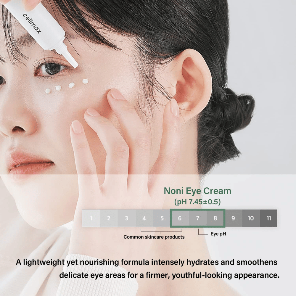 Uma mulher aplica Noni Eye Cream sob os olhos. O produto está embalado em um tubo branco e é colocado como pequenos pontos ao redor da área dos olhos. O texto sob a imagem descreve que o creme é leve, mas nutritivo, intensifica a hidratação da pele e proporciona uma aparência mais firme e jovem. O valor de pH do produto (7,45±0,5) também é mostrado.