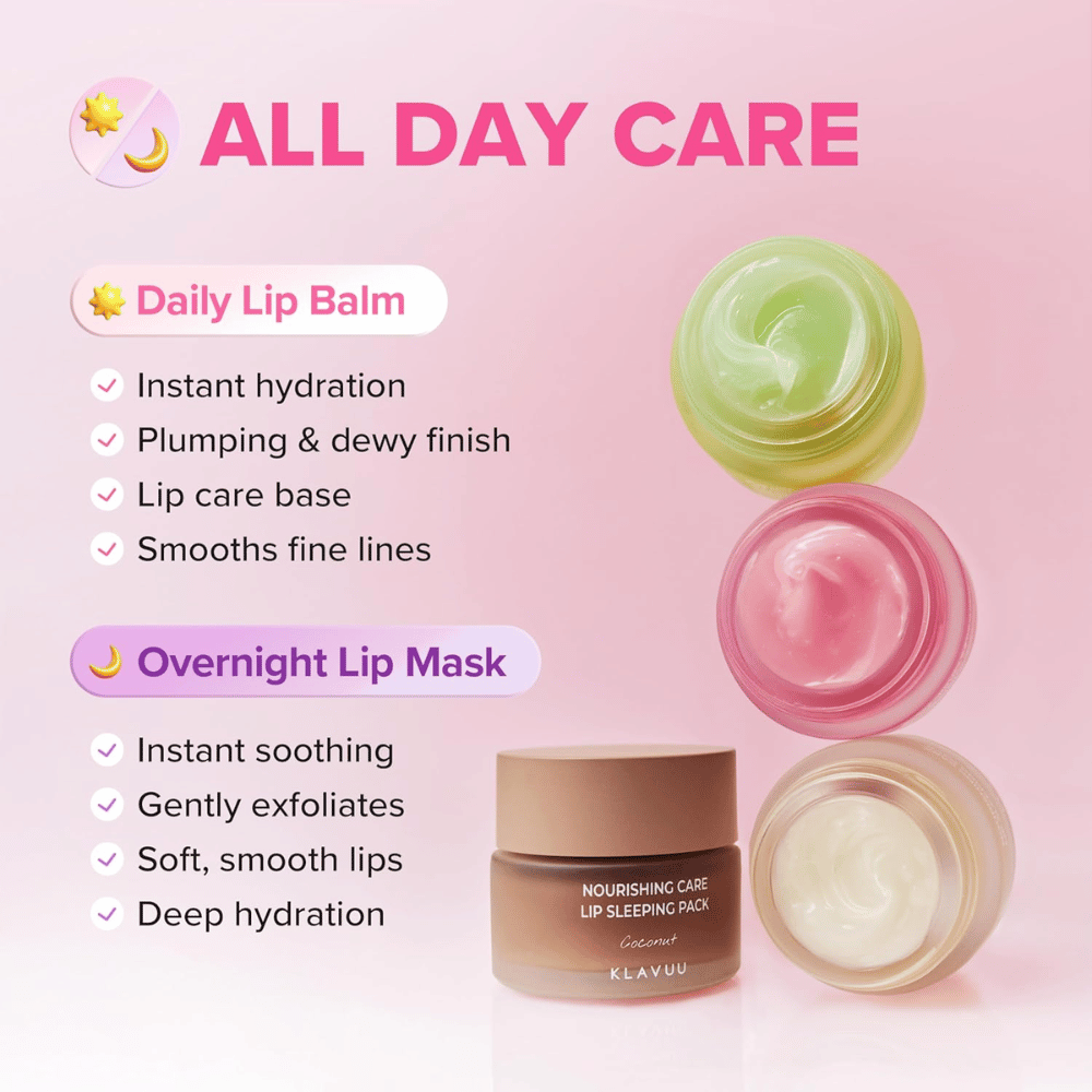 KLAVUU Nourishing Care Lip Sleeping Pack Coconut pode ser usado como bálsamo labial durante o dia ou como máscara labial intensiva durante a noite para lábios macios.