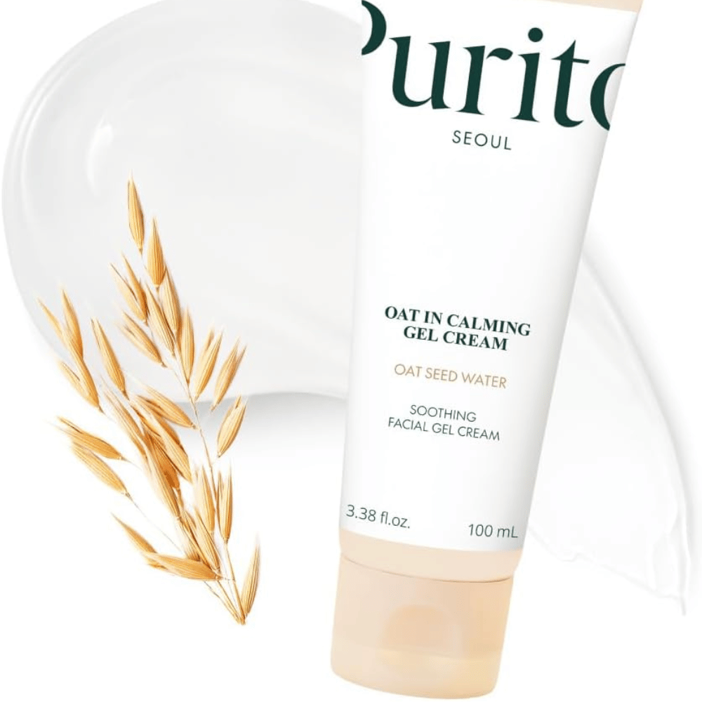 Purito Oat-In Calming Gel Cream com aveia e textura cremosa. Gel creme hidratante com Água de Semente de Aveia para uma pele macia e equilibrada.