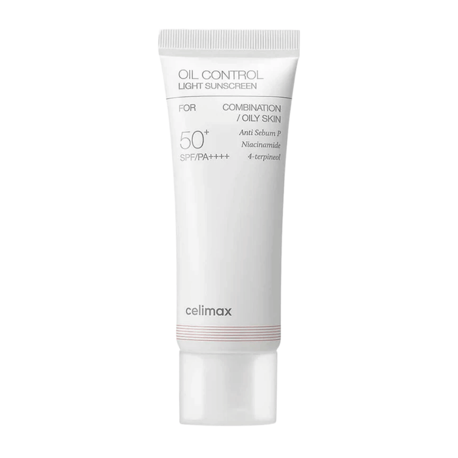 Celimax Oil Control Light Sunscreen SPF 50+ PA++++ imagem do produto com foco na fórmula e ingredientes como a niacinamida para controlo da oleosidade e tom de pele mais uniforme