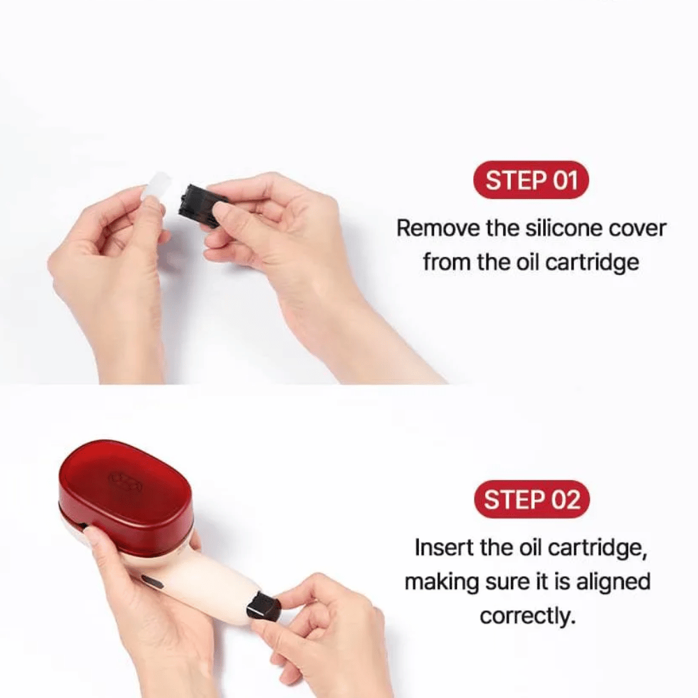 MOEV Oil Cartridges – guia passo a passo: remova a capa de silicone e insira corretamente o cartucho de óleo na unidade de tratamento capilar.