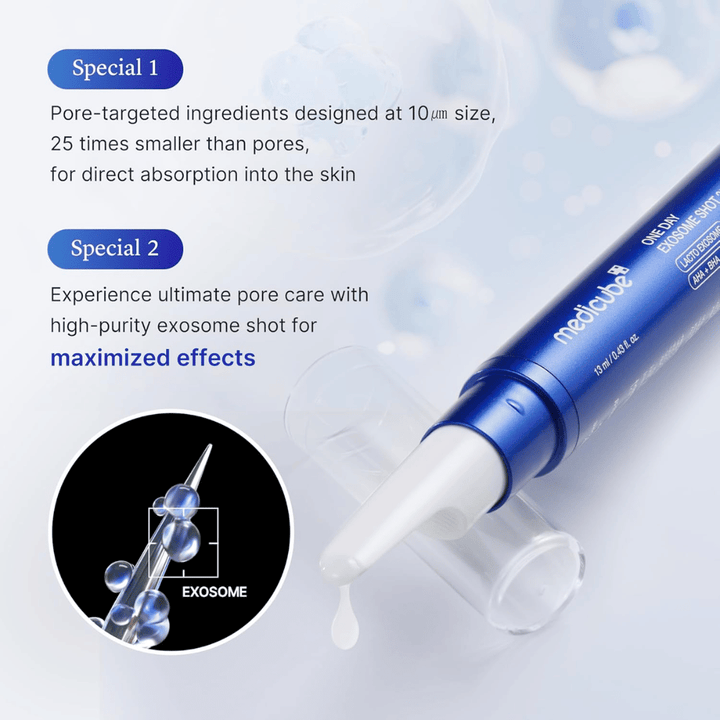 Medicube One Day Exosome Shot Pore Ampoule 25000 com exossomas que melhoram a absorção, minimizam os poros e proporcionam cuidados intensivos à pele