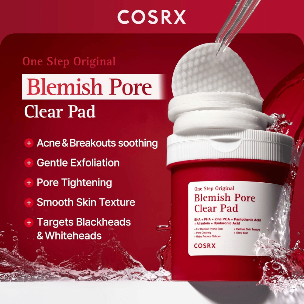 Imagem de produto de COSRX One Step Original Blemish Pore Clear Pad com foco na esfoliação, refinamento dos poros e cuidado da pele com tendência acneica.