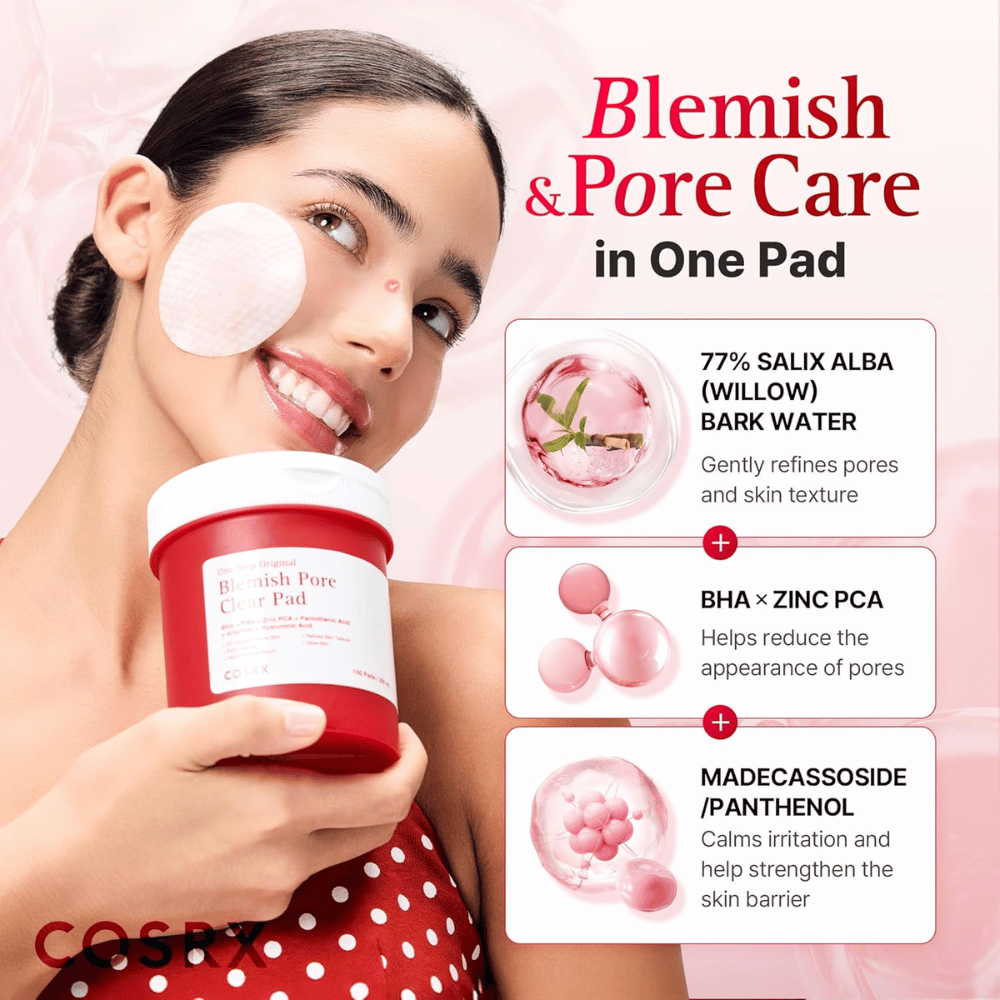 Imagem de produto com modelo e foco nos ingredientes para COSRX One Step Original Blemish Pore Clear Pad com willow bark water, BHA, Zinc PCA e Madecassoside.
