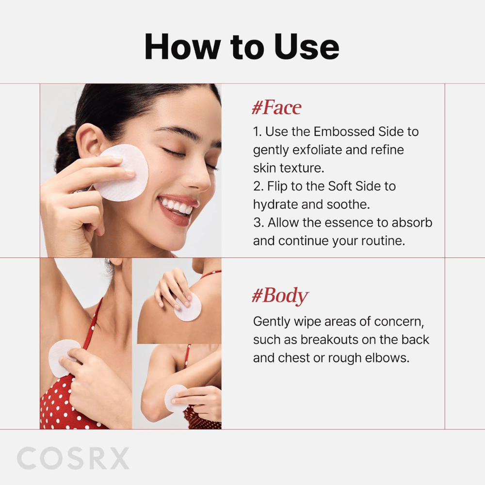 Imagem de instruções que mostra como COSRX One Step Original Blemish Pore Clear Pad é utilizado no rosto e no corpo para esfoliação e cuidado.