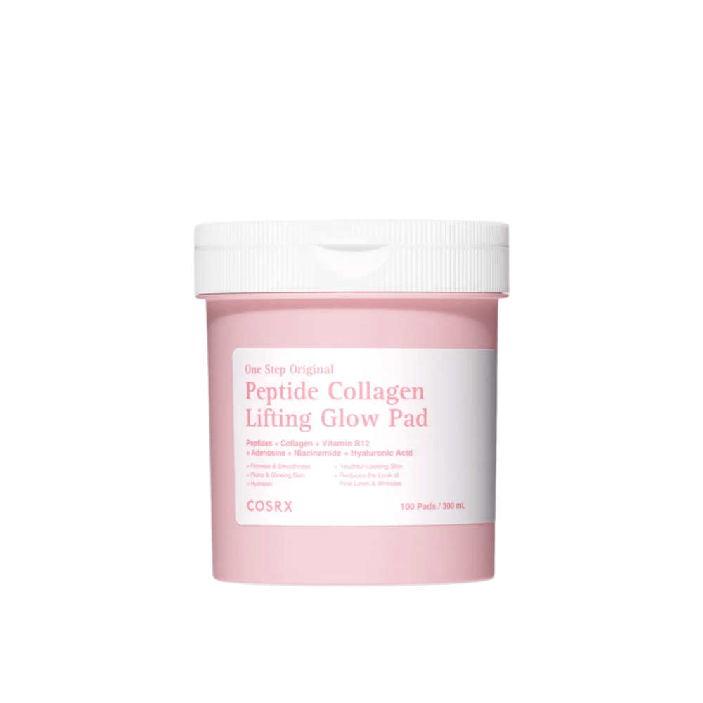 Imagem de produto recortada de COSRX One Step Original Peptide Collagen Lifting Glow Pad em embalagem rosa sobre fundo claro.