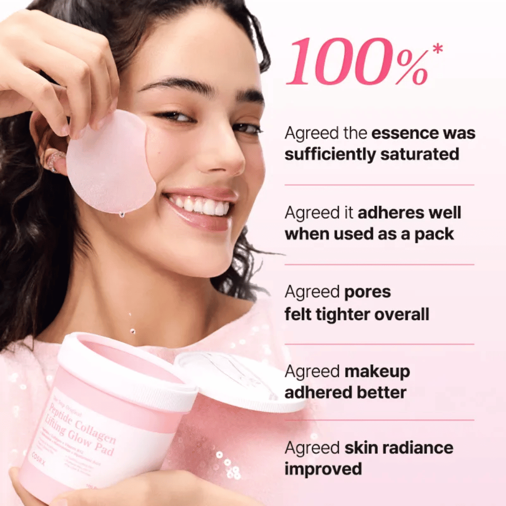 Modelo utiliza COSRX Peptide Collagen Lifting Glow Pad com foco na hidratação, glow e melhoria da elasticidade da pele.