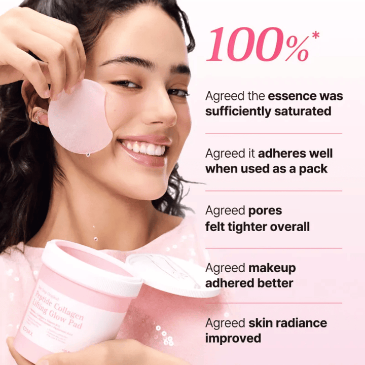 Modelo utiliza COSRX Peptide Collagen Lifting Glow Pad com foco na hidratação, glow e melhoria da elasticidade da pele.
