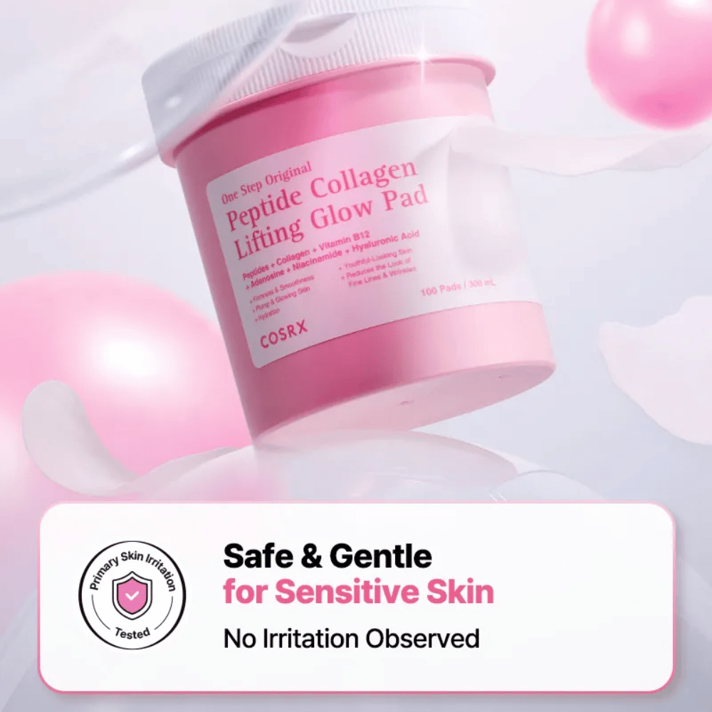 Imagem de produto de COSRX One Step Original Peptide Collagen Lifting Glow Pad com mensagem sobre fórmula suave para pele sensível e baixa irritação testada.