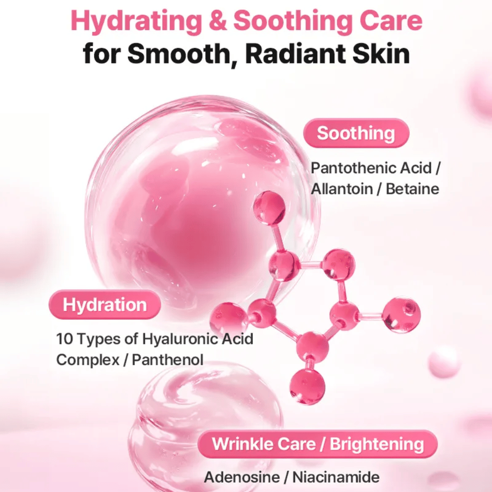 Imagem ilustrativa de ingredientes para COSRX Peptide Collagen Lifting Glow Pad com foco na hidratação, efeito calmante e ingredientes que proporcionam luminosidade, como ácido hialurónico, niacinamida e pantenol.