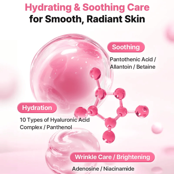 Imagem ilustrativa de ingredientes para COSRX Peptide Collagen Lifting Glow Pad com foco na hidratação, efeito calmante e ingredientes que proporcionam luminosidade, como ácido hialurónico, niacinamida e pantenol.