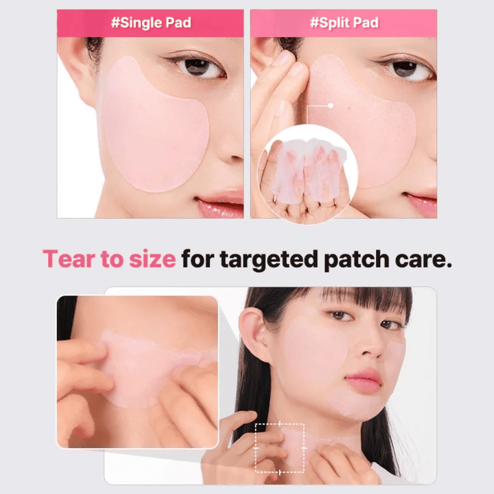 Disco de hidrogel divisível de COSRX que pode ser usado tanto como máscara facial completa como em patches menores para cuidado direcionado da pele no rosto e pescoço.