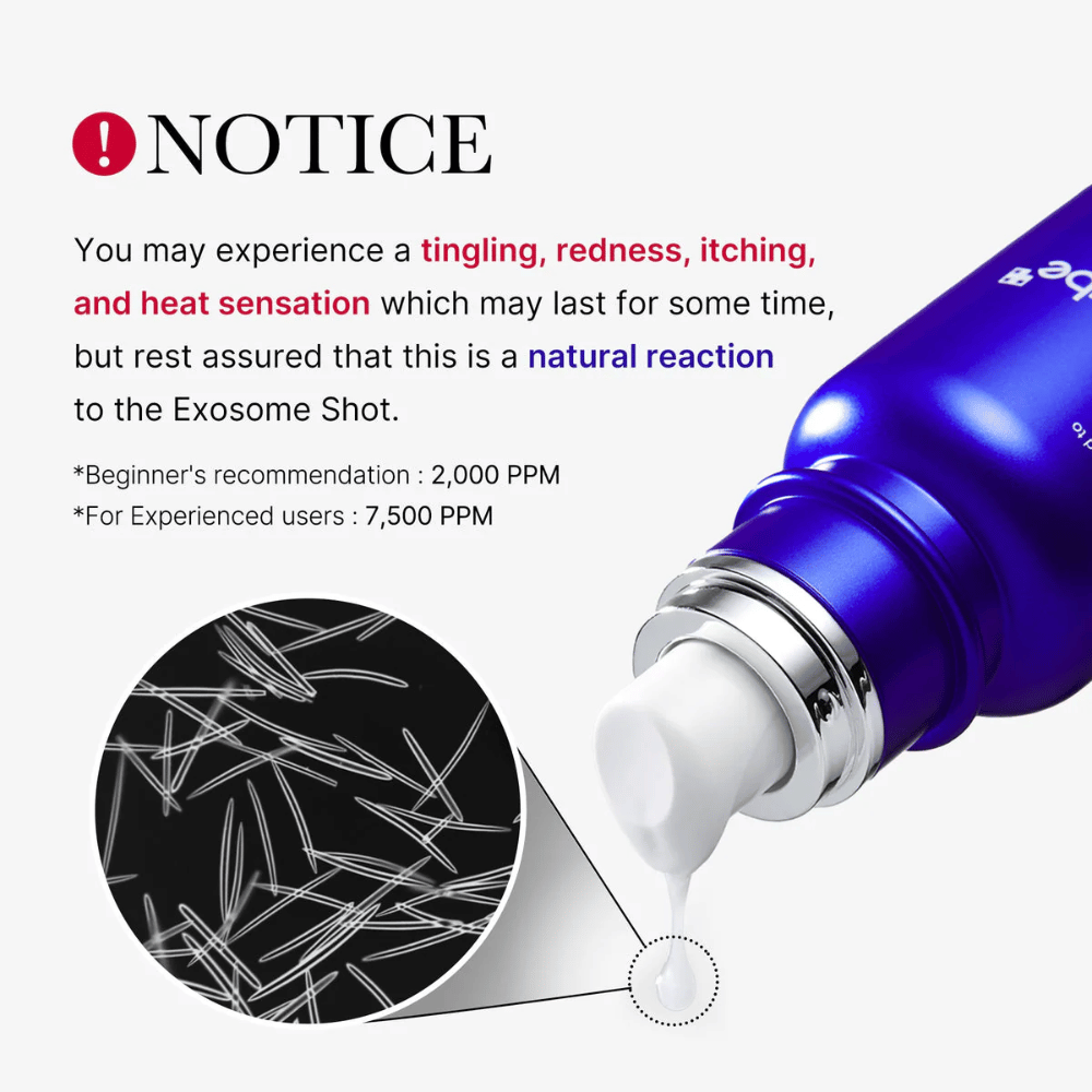 Observe que o uso de Medicube One Day Exosome Shot Pore Ampoule 2000 pode causar formigamento, vermelhidão, coceira e sensação de calor. Esta é uma reação natural ao componente de exossoma. Dose recomendada: Iniciantes 2.000 PPM, usuários experientes 7.500 PPM.