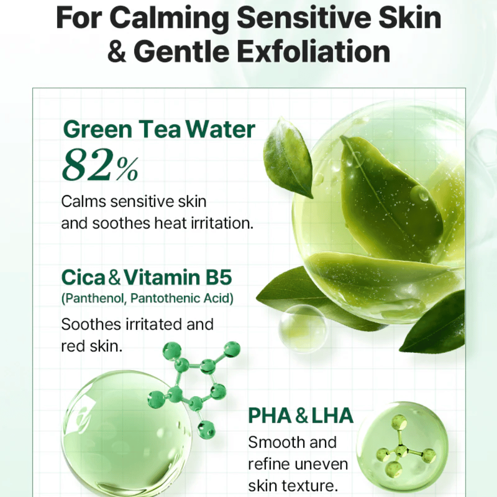 Imagem informativa de COSRX One Step Original Clear Skin Calming Pad com água de chá verde, Cica, vitamina B5, bem como esfoliação suave com PHA e LHA.