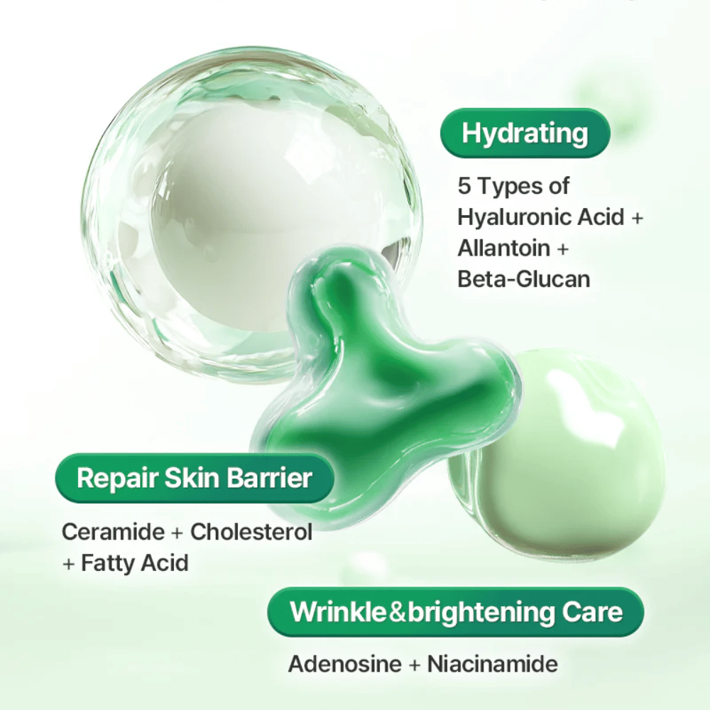 Imagem ilustrativa que mostra os ingredientes e os benefícios para a pele de COSRX One Step Original Clear Skin Calming Pad, incluindo ácido hialurónico, ceramidas e niacinamida.