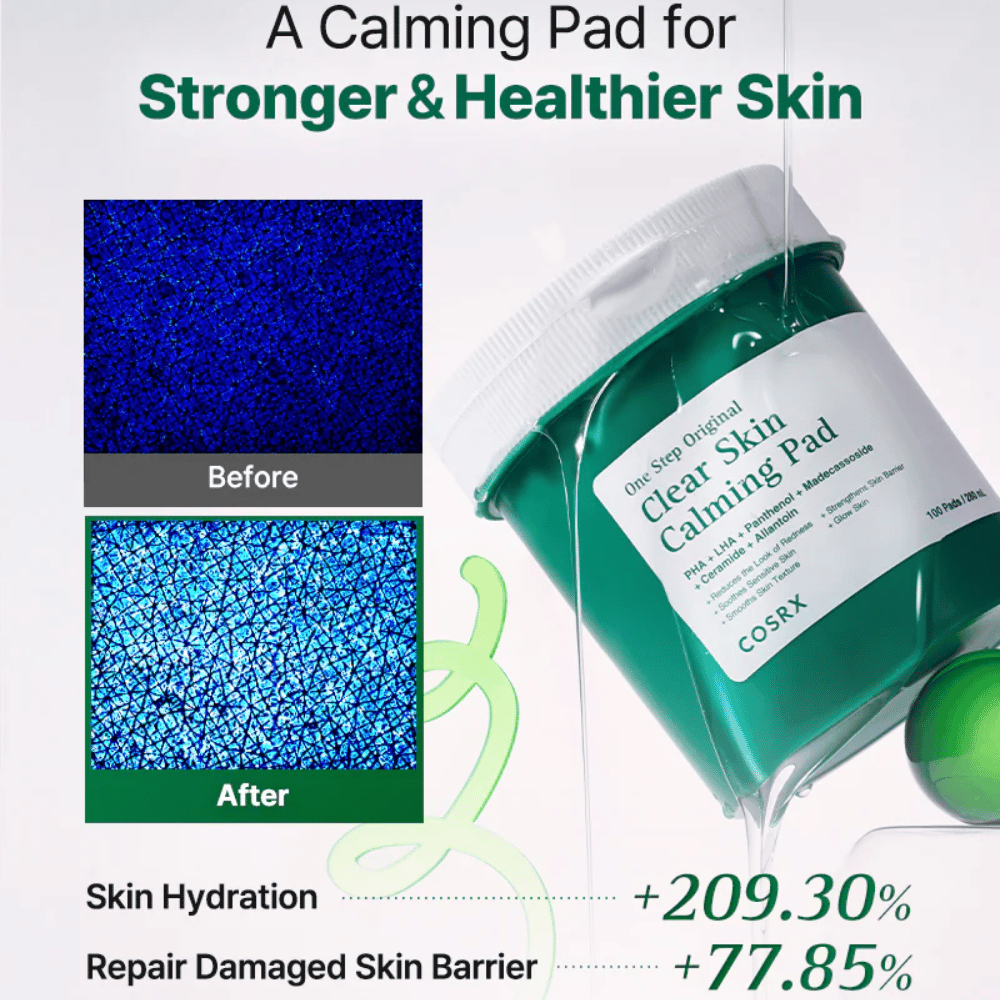 Imagem de campanha de COSRX One Step Original Clear Skin Calming Pad que mostra hidratação melhorada e uma barreira cutânea fortalecida após a utilização.