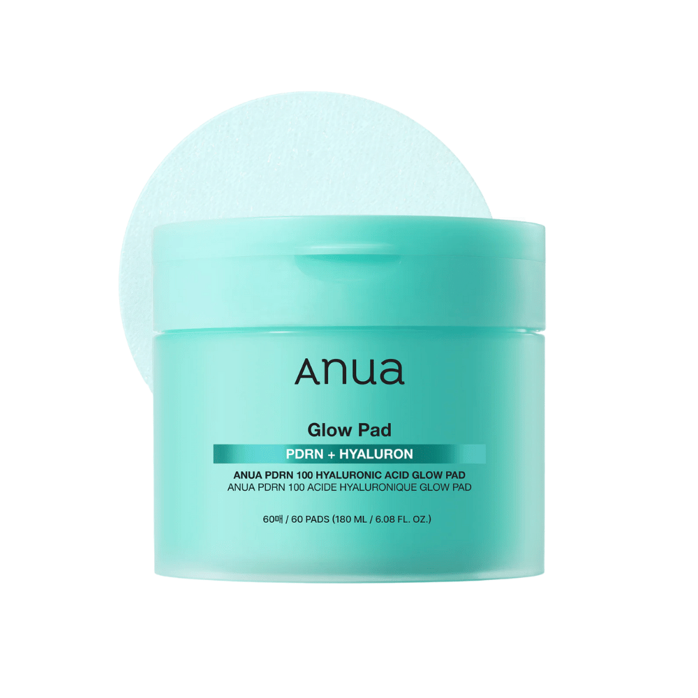 Anua PDRN 100 Hyaluronic Acid Glow Pad em embalagem turquesa com almofada levantada – almofadas tonificantes hidratantes para hidratação diária e brilho.