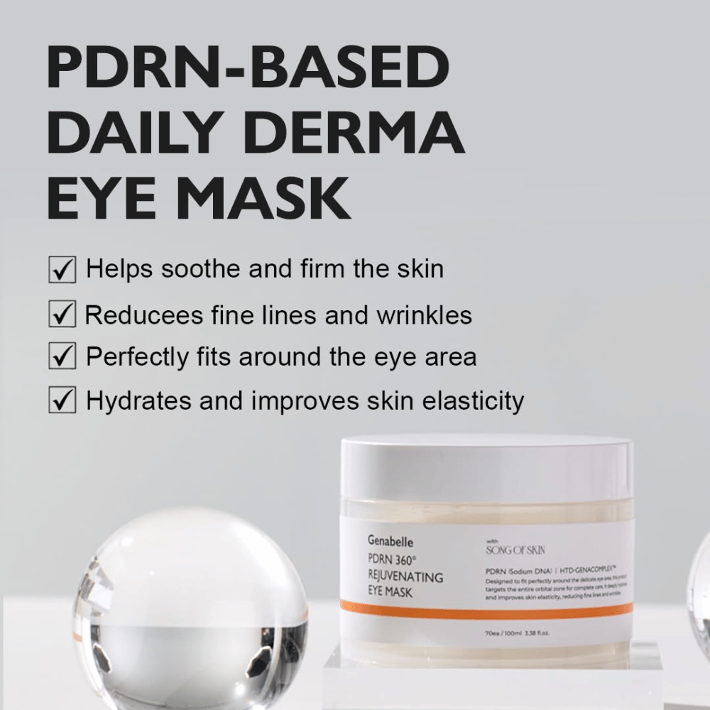 Genabelle PDRN 360° Rejuvenating Eye Mask com PDRN que hidrata, acalma a pele e ajuda a reduzir linhas finas e rugas.