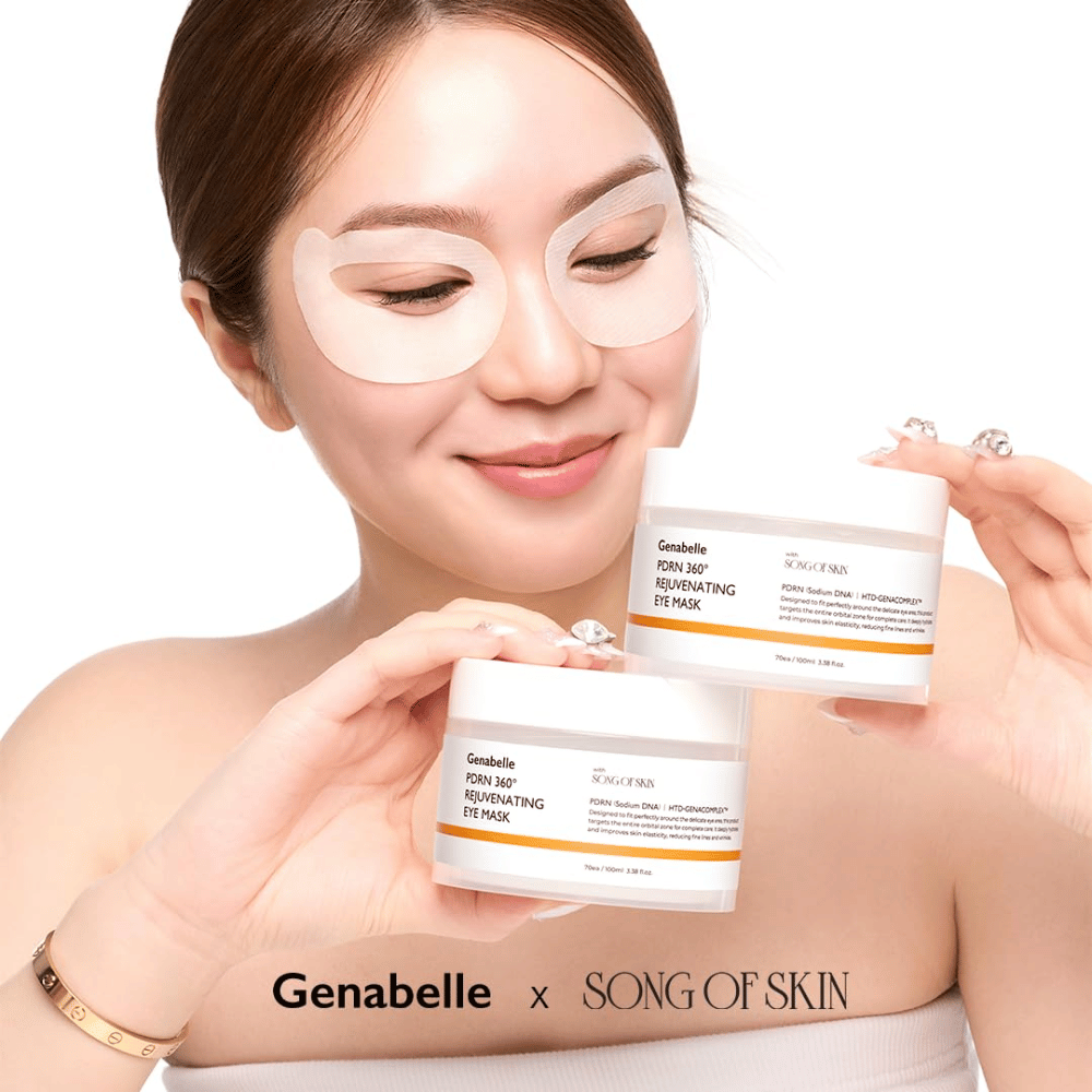 Genabelle PDRN 360° Rejuvenating Eye Mask aplicada em toda a zona dos olhos para hidratação, maior elasticidade e um olhar mais fresco.