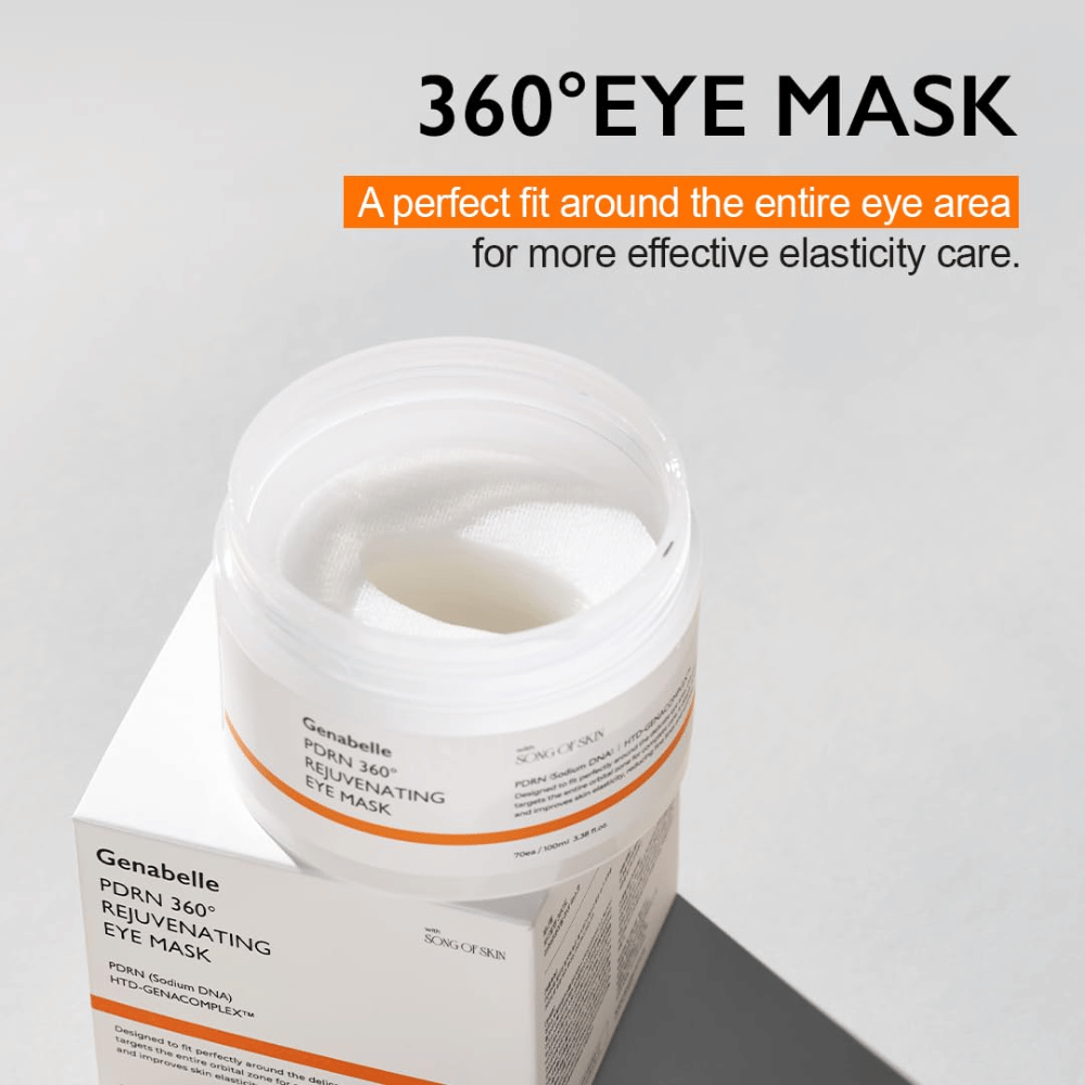 Genabelle PDRN 360° Rejuvenating Eye Mask com ajuste de 360 graus que cobre toda a zona dos olhos para um cuidado eficaz e elasticidade melhorada.