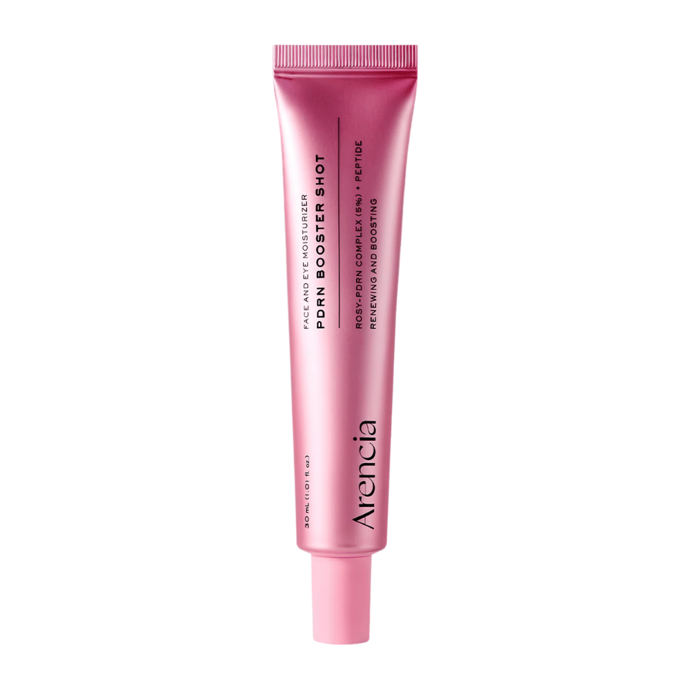 Imagem de produto limpa de Arencia PDRN Booster Shot com embalagem rosa minimalista e foco em cuidados de pele hidratantes, reparadores e iluminadores.