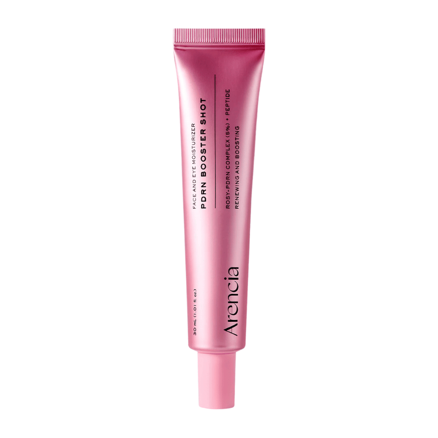 Imagem de produto limpa de Arencia PDRN Booster Shot com embalagem rosa minimalista e foco em cuidados de pele hidratantes, reparadores e iluminadores.