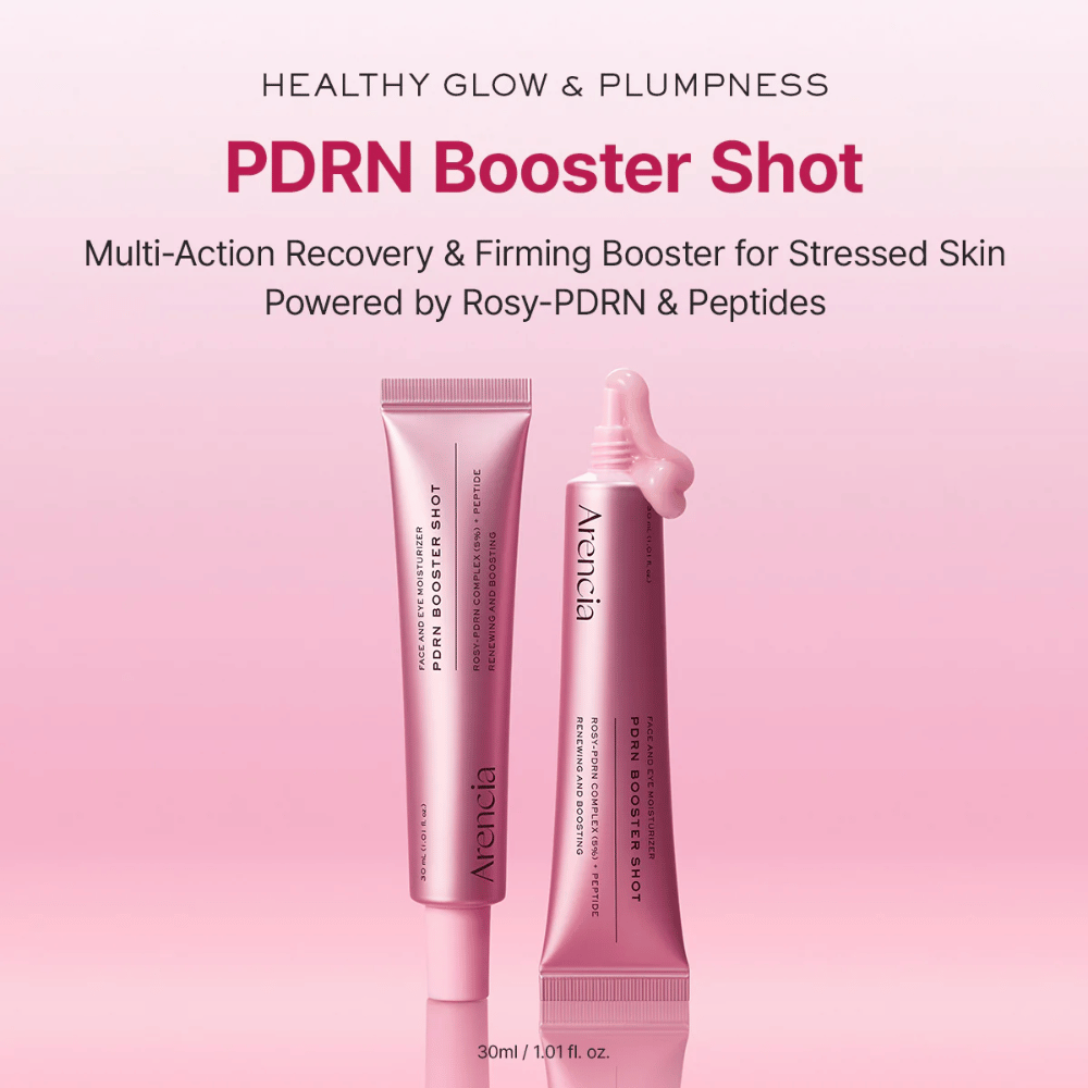 Imagem de produto de Arencia PDRN Booster Shot em design de tubo rosa juntamente com aplicador aberto. O foco está no glow, pele mais preenchida e cuidados de pele reparadores com PDRN e peptídeos.