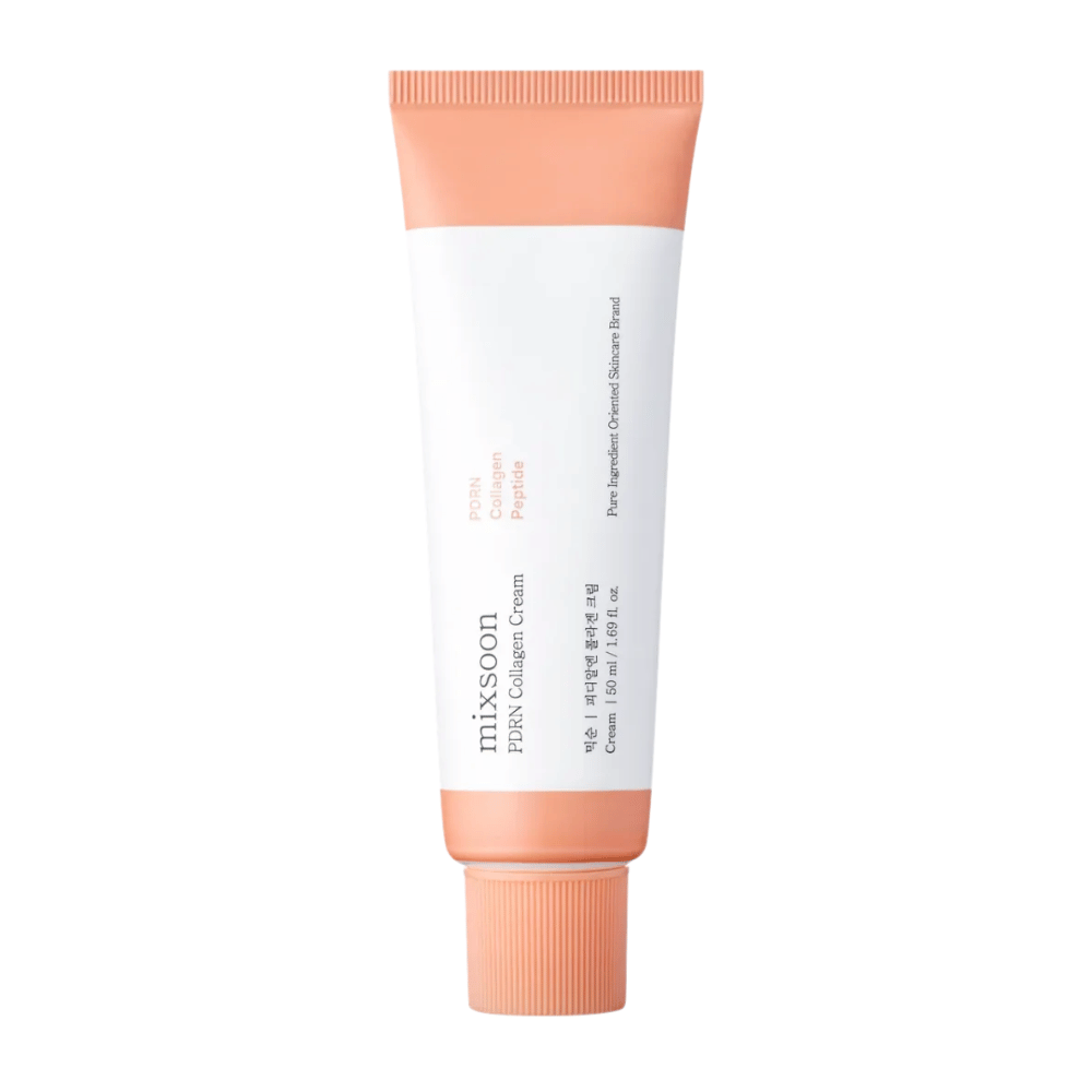 Mixsoon PDRN Collagen Cream em tubo branco e pêssego, 50 ml. Um creme hidratante e potencializador de colágeno para uma pele lisa e jovem.