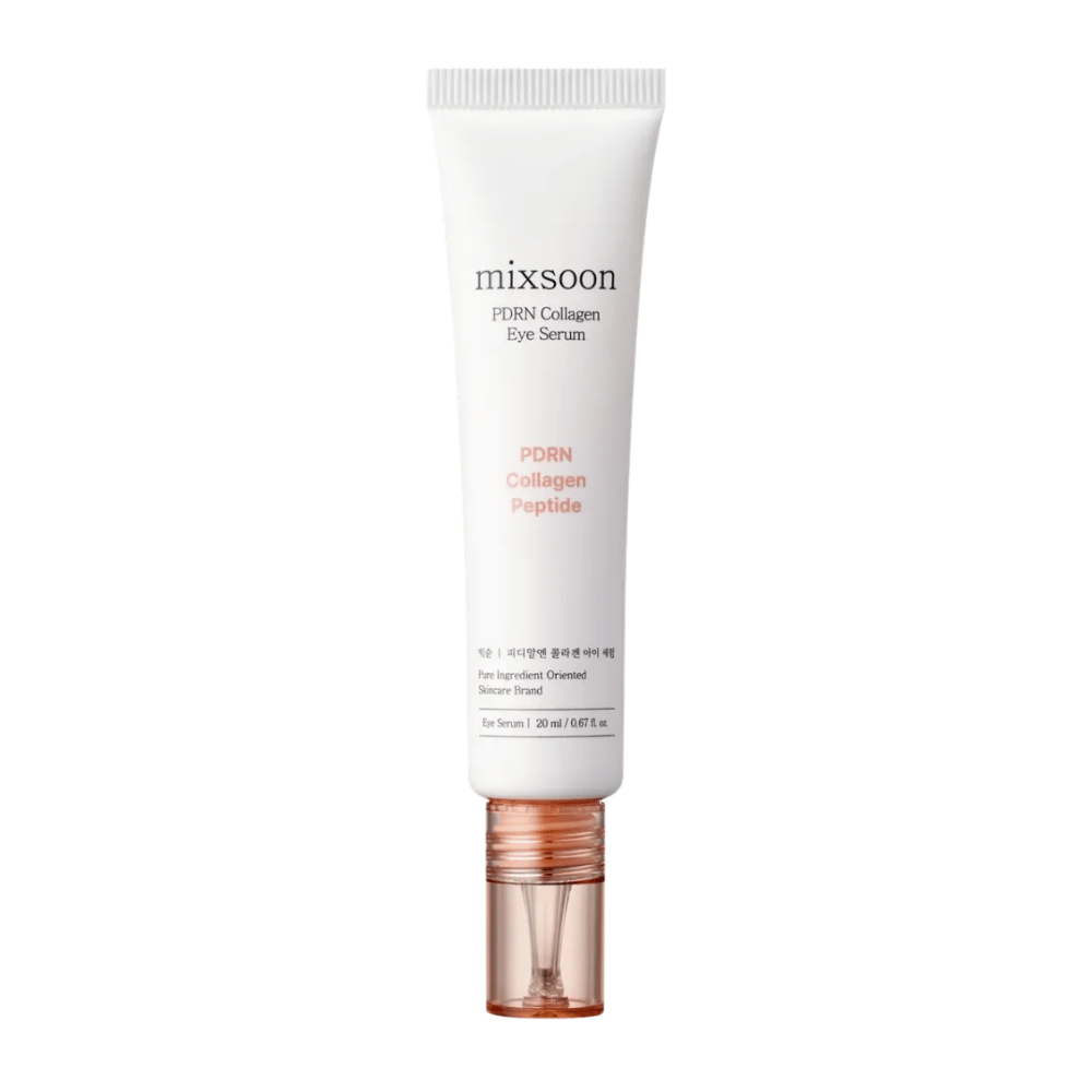 Mixsoon PDRN Collagen Eye Serum em tubo branco e pêssego com aplicador transparente. Um sérum para os olhos hidratante e reafirmante, 20 ml.