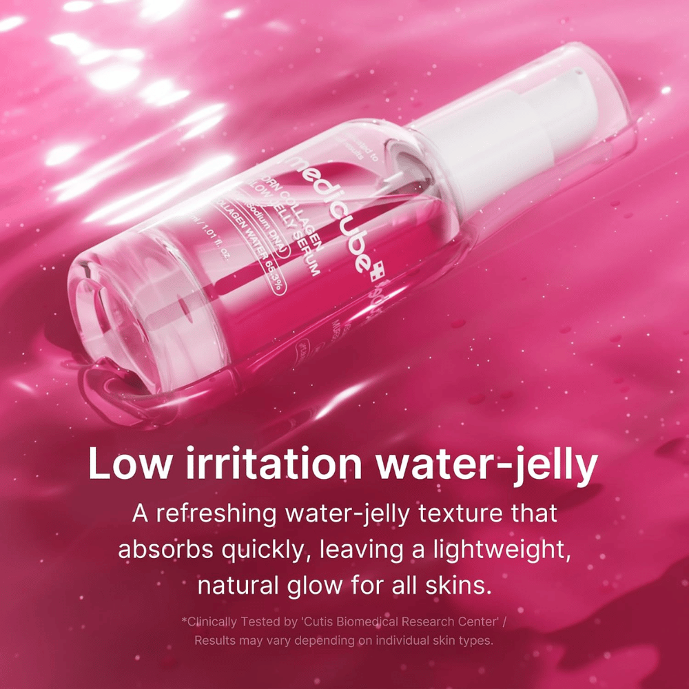 Medicube PDRN Collagen Glow Jelly Serum com textura leve de água-gel que é rapidamente absorvida e dá luminosidade
