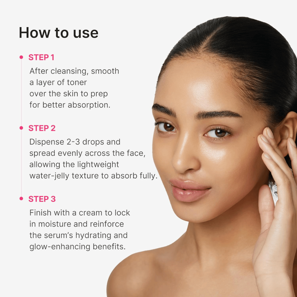 Medicube PDRN Collagen Glow Jelly Serum com guia passo a passo para aplicação após a limpeza e o tónico